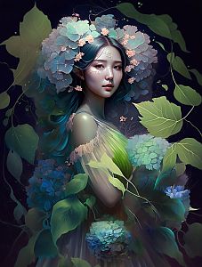 Ethereal Fantasy Portrait of a Young Woman with Flowers
