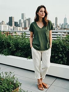 Young Woman in Green T-Shirt on Rooftop Garden with City Skyline