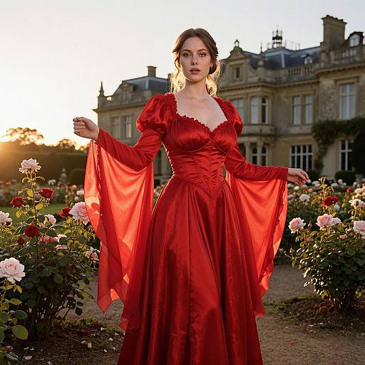Woman in Red Medieval Gown in Rose Garden by Historic Mansion