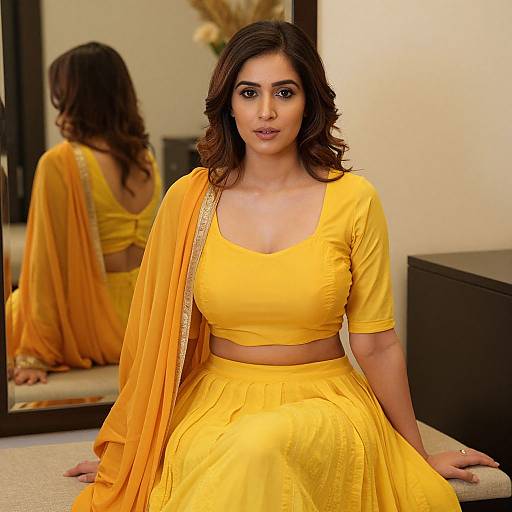 Elegant Woman in Yellow Traditional Indian Outfit Sitting Indoors