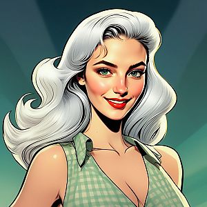 Confident Woman with Silver Hair and Green Eyes in Checkered Top