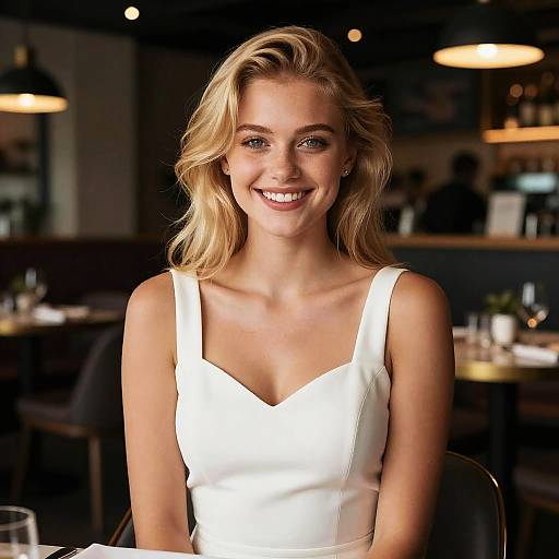 Portrait of Smiling Blonde Woman in White Dress at Cozy Restaurant
