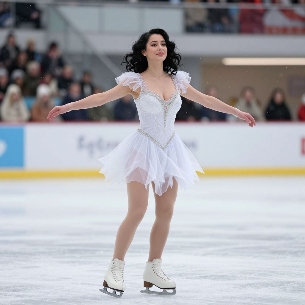 Elegant Woman Figure Skater Performing on Ice in White Dress