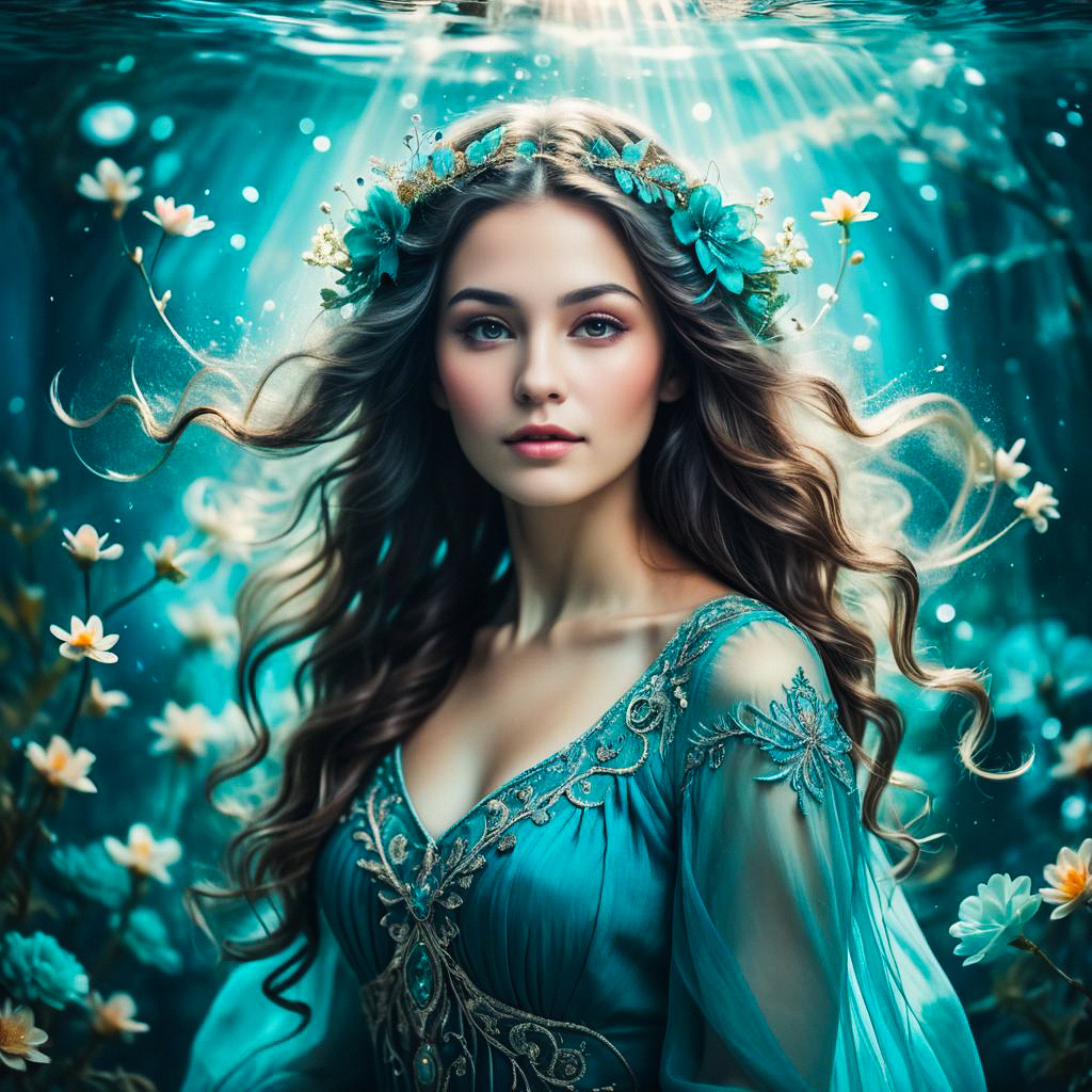 Stunning Woman in Teal Gown with Floral Accents