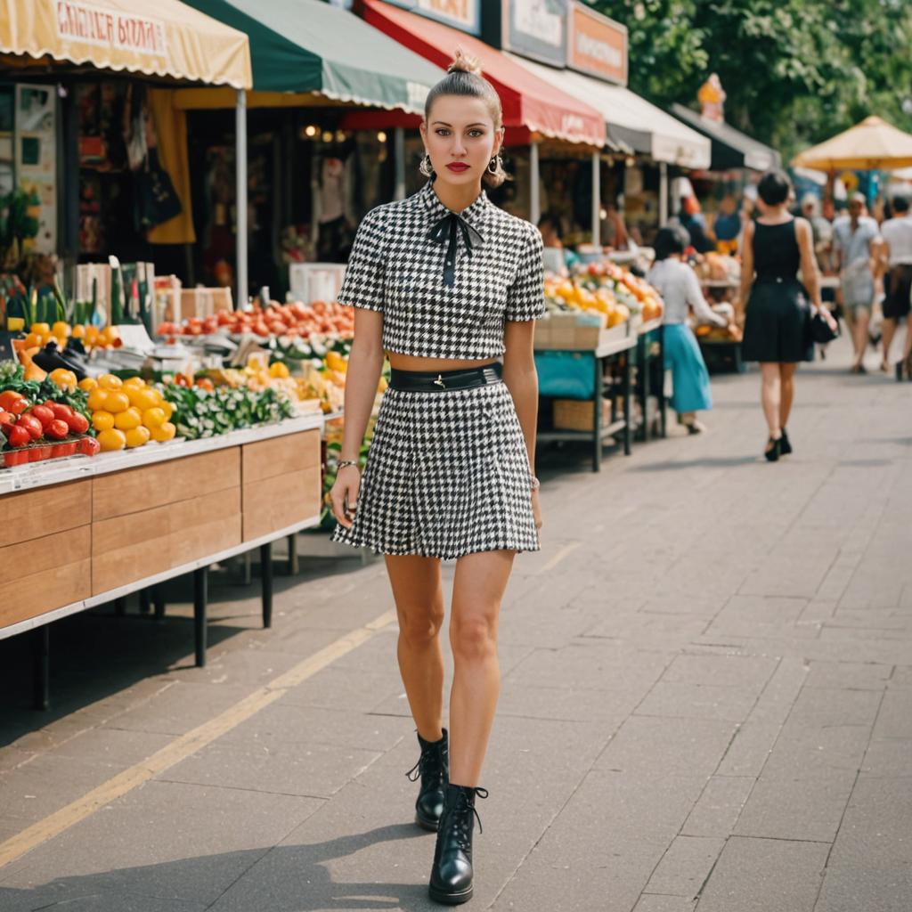 Stylish Woman in Checkered Outfit at Colorful Market