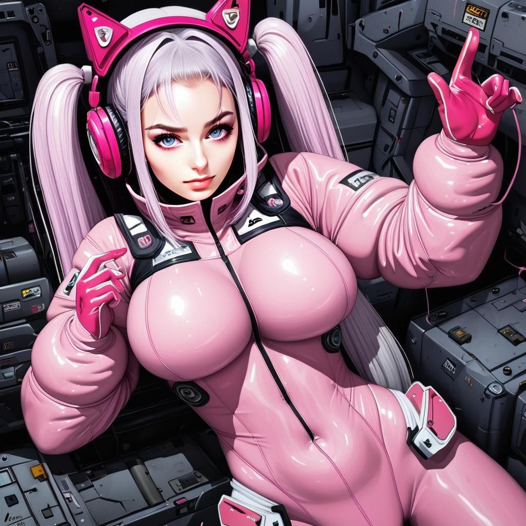 Anime Woman in Pink Futuristic Suit with Cat Ear Headphones in Sci-Fi Cockpit
