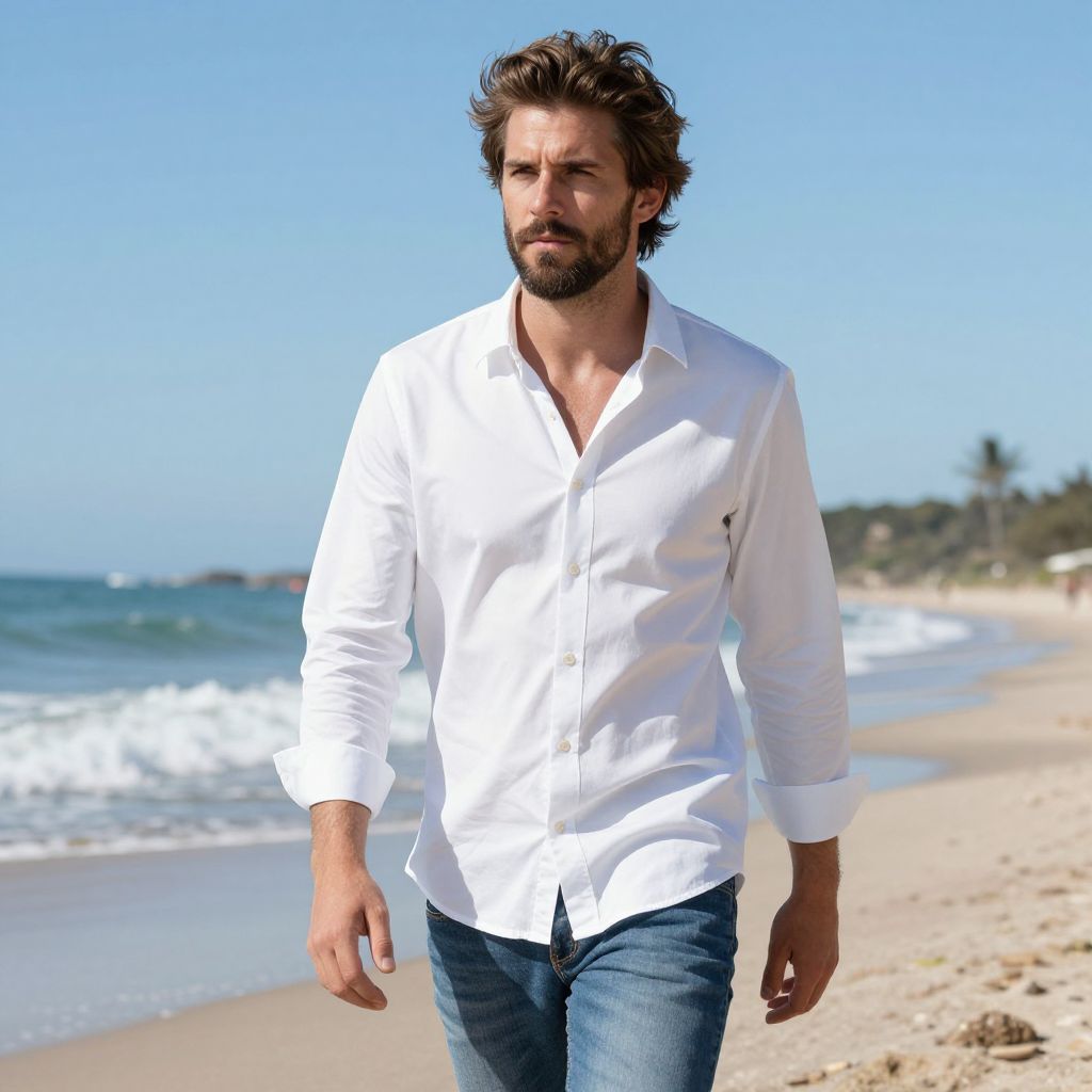 Man Walking on Beach Wearing White Shirt and Jeans