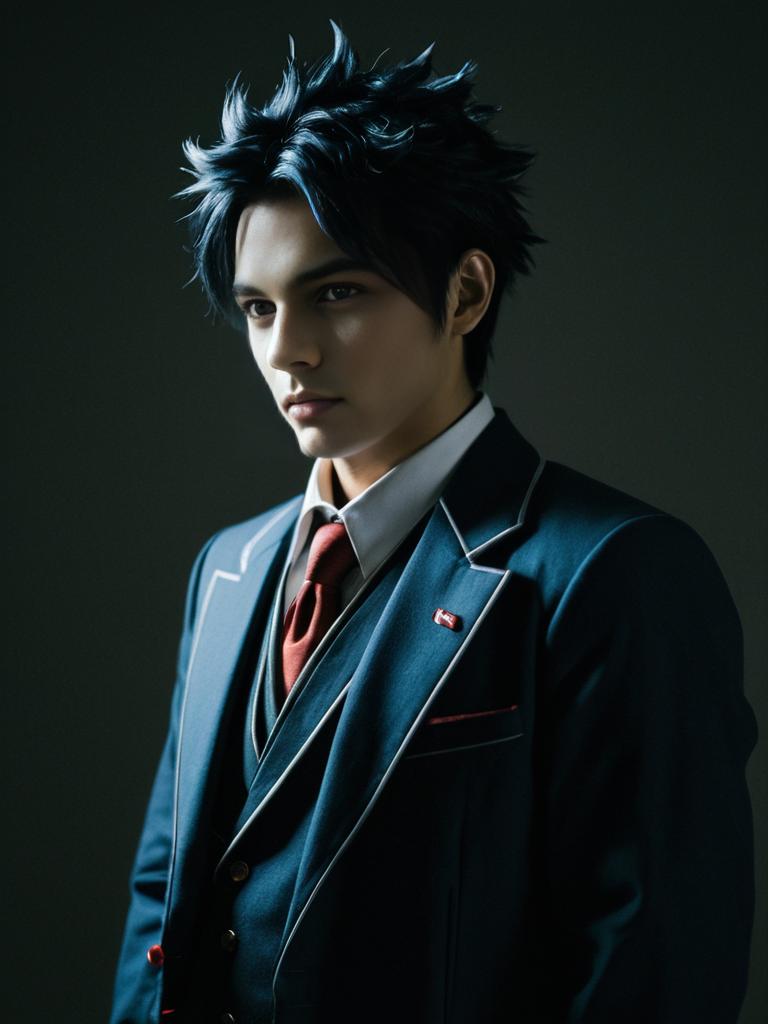 Young Man in Stylish Blue Suit with Spiky Hair – Realistic Portrait