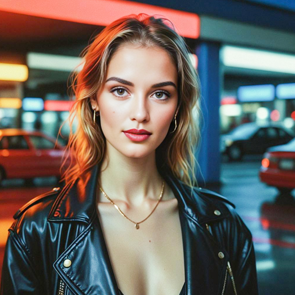 Confident Woman in Leather Jacket with Neon Lights