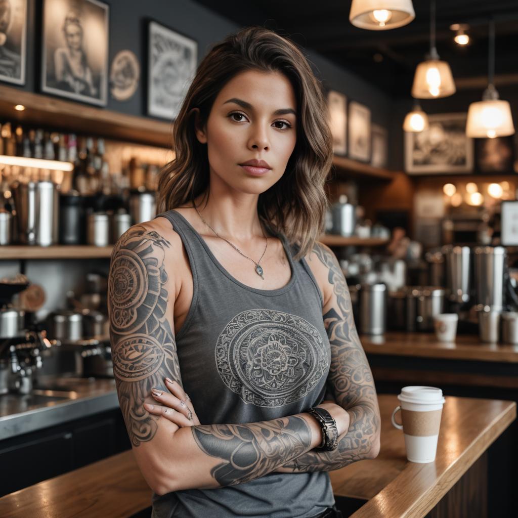 Woman with Tattoos in Coffee Shop