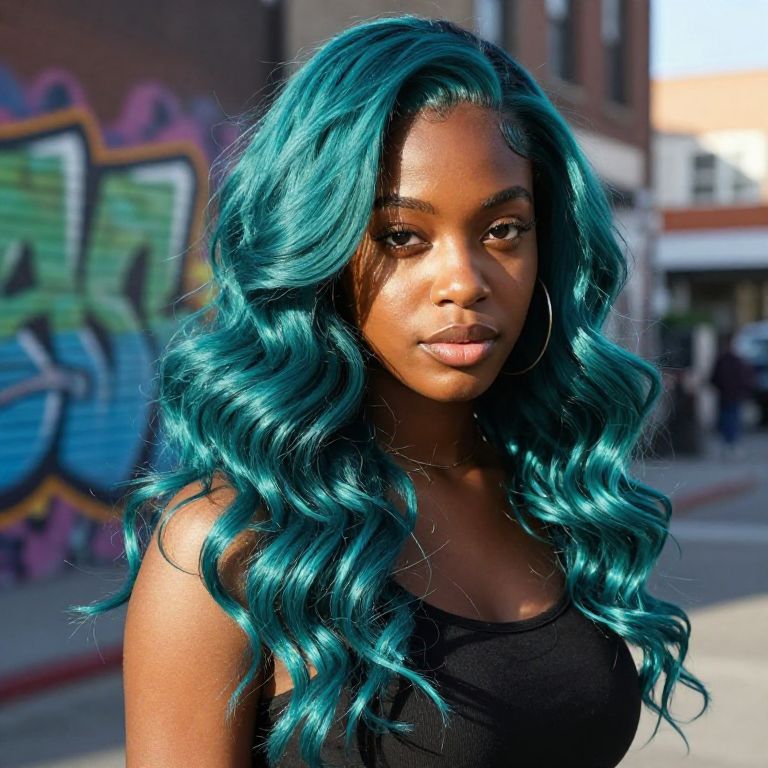 Confident Young Woman with Vibrant Teal Wavy Hair Outdoors