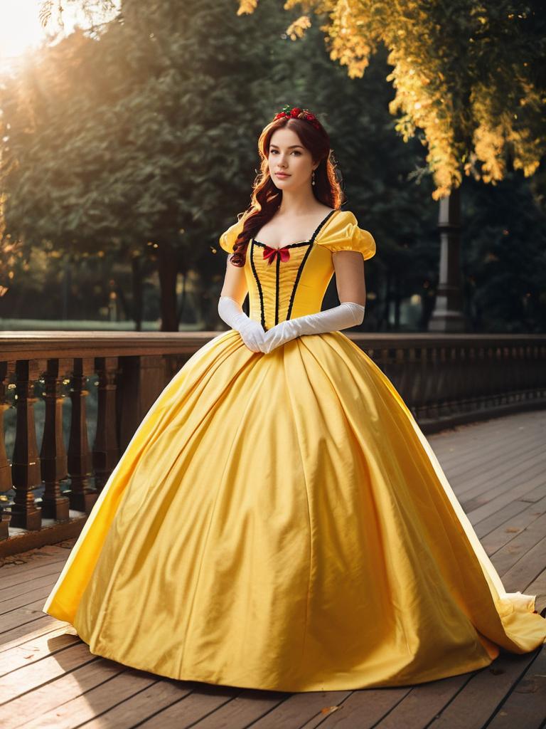 Woman in Yellow Ball Gown Belle Dress Full Body Cosplay Photo