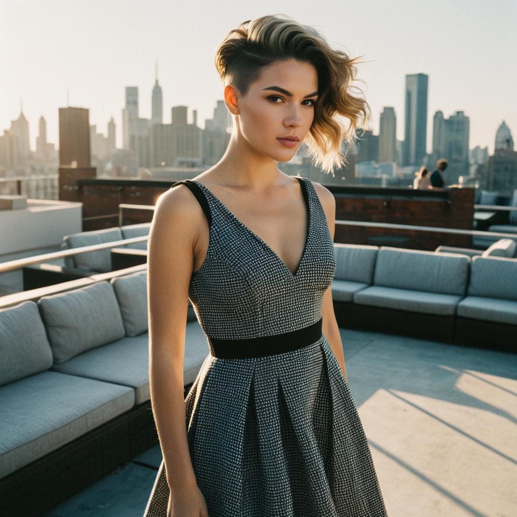 Young Woman in Stylish Dress on Urban Rooftop at Golden Hour