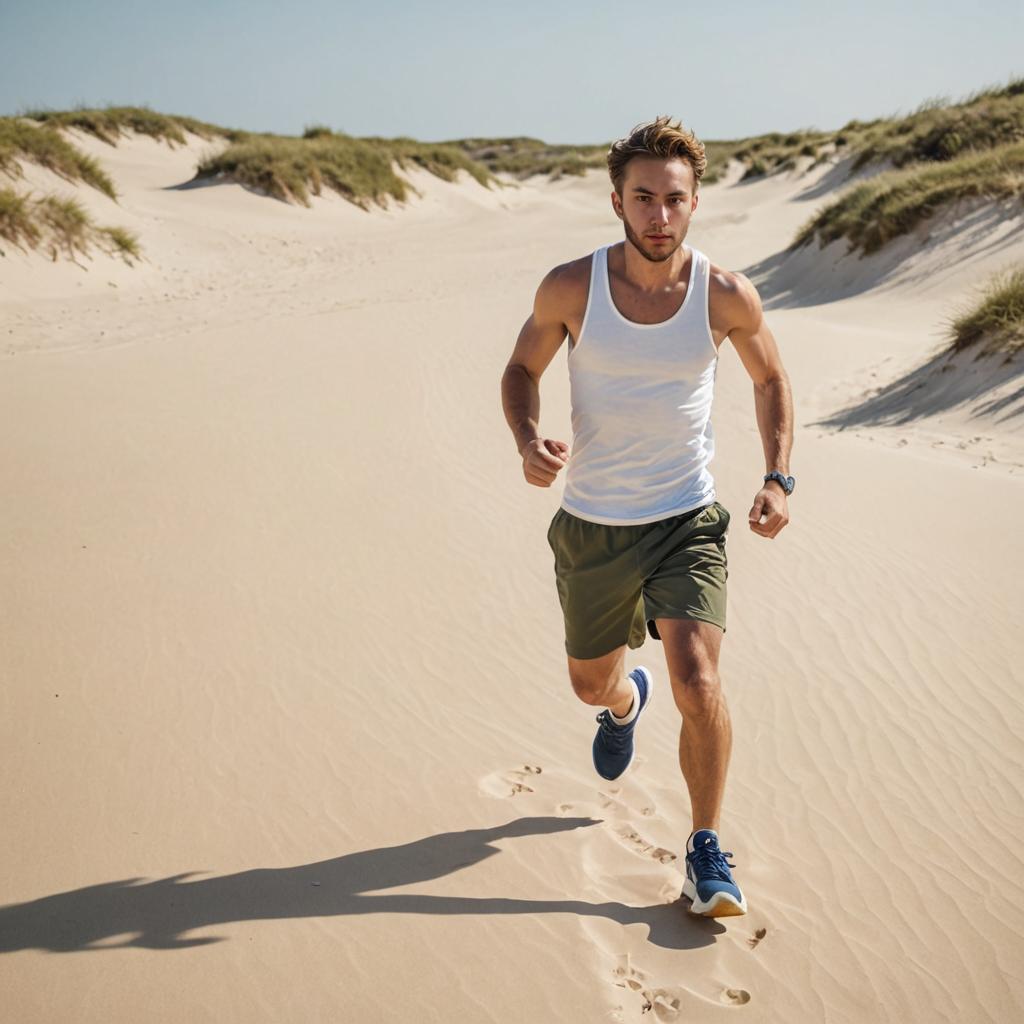 Energetic Man Running in Sandy Dunes