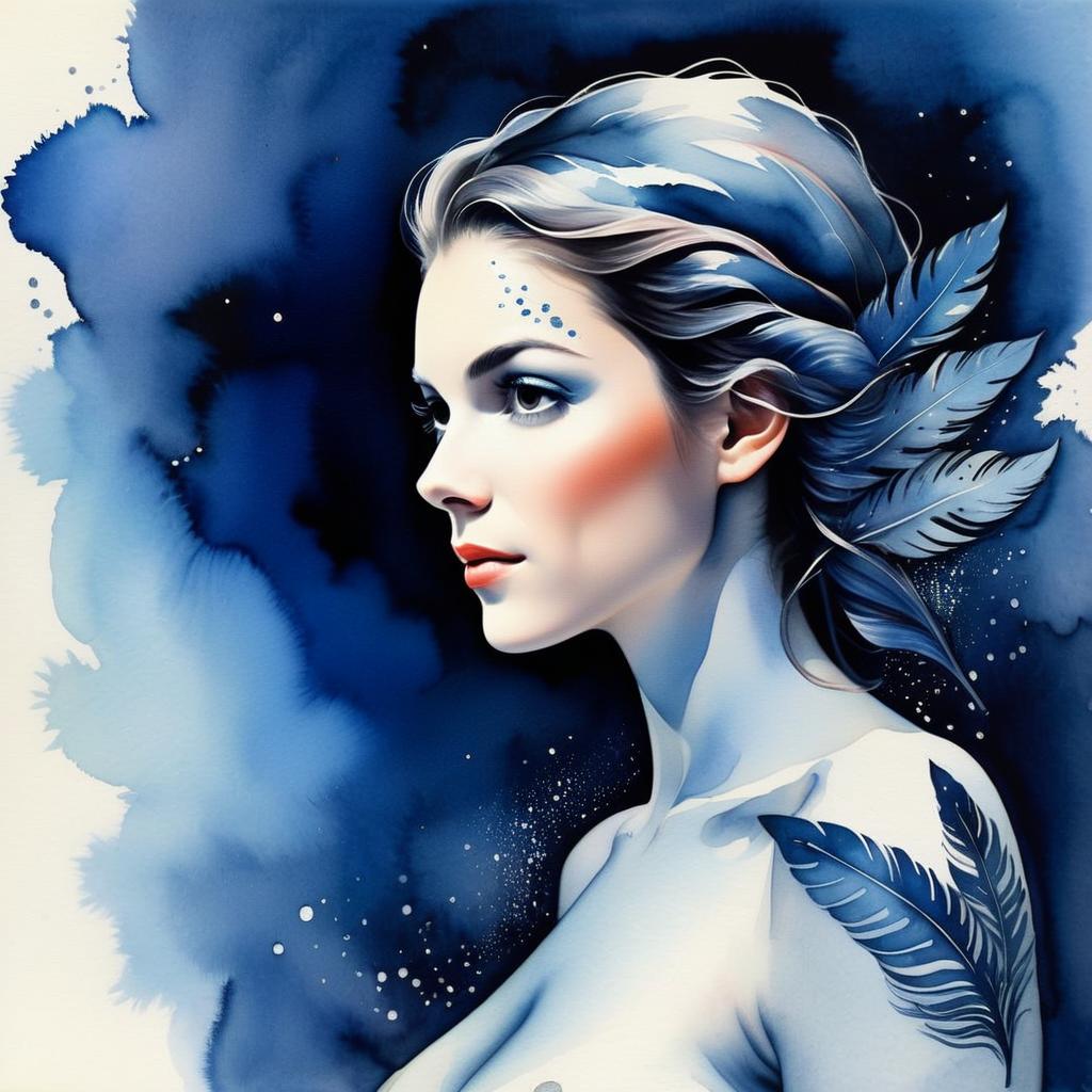 Digital Portrait of Woman with Feathers and Tattoos Digital Portrait of Woman with Feathers and Tattoos