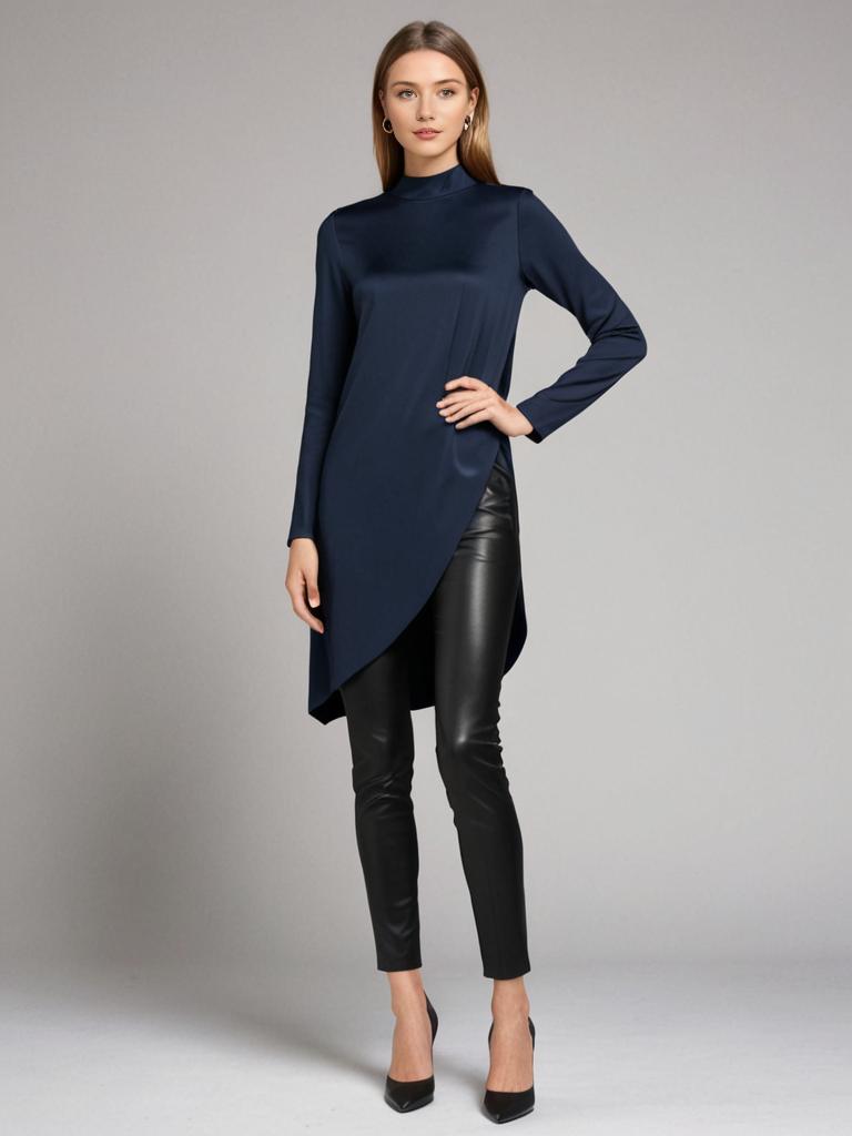 Stylish Woman in Asymmetric Navy Top and Leather Pants