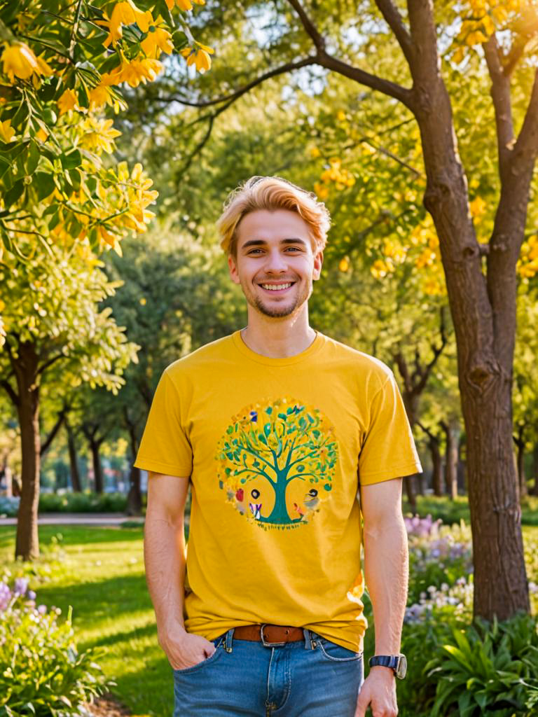 Happy man in sunlit park with flowers