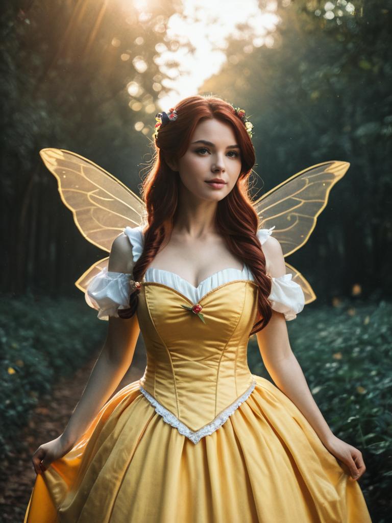 Photorealistic Fairy Tale Cosplay of Woman in Belle Yellow Dress with Fairy Wings