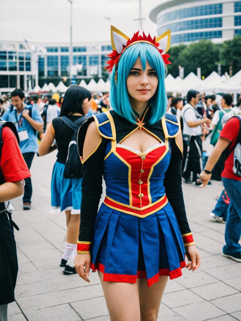 Cosplay Festival Woman in Mia Costume with Blue Wig and Cat Ears