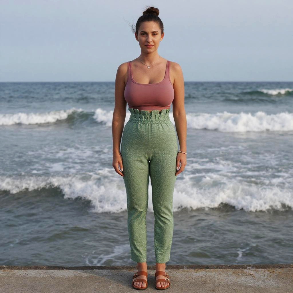 Woman in Dusty Rose Crop Top and High-Waisted Green Pants by the Ocean - Anscochrome Analog Film Style