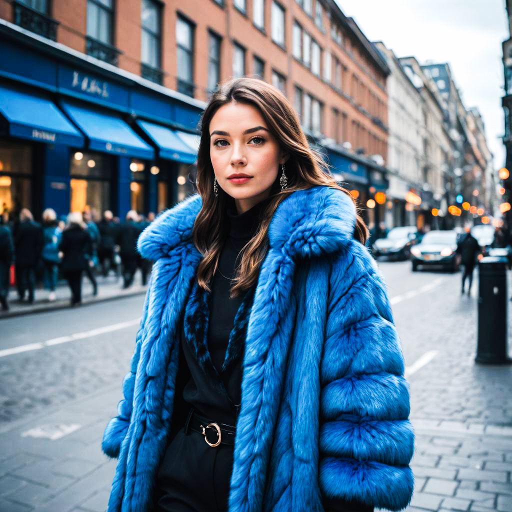 Stylish Woman in Blue Fur Coat on Urban Street