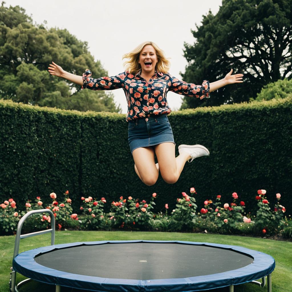 Happy Woman Jumping on Garden Trampoline Wearing Floral Blouse and Denim Skirt