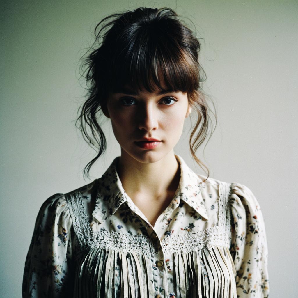 Portrait of Young Woman in Vintage Floral Blouse