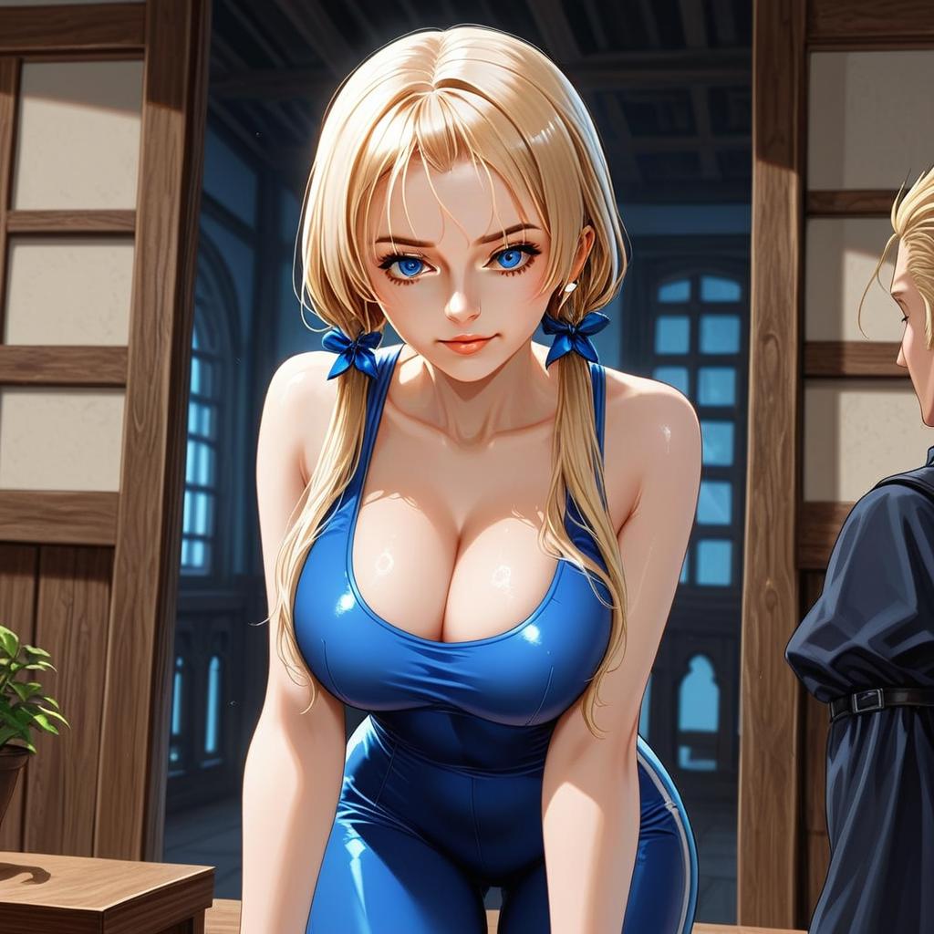 Blonde Woman in Blue Shiny Outfit Digital Illustration