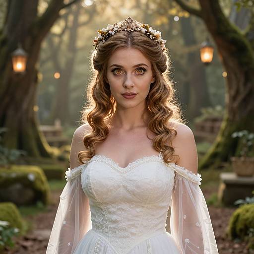 Enchanting Forest Bride in White Lace Gown with Floral Crown