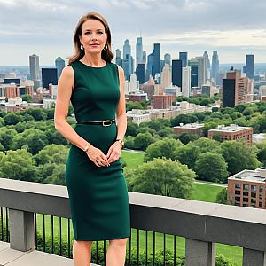 Confident Woman in Green Dress Against City Skyline