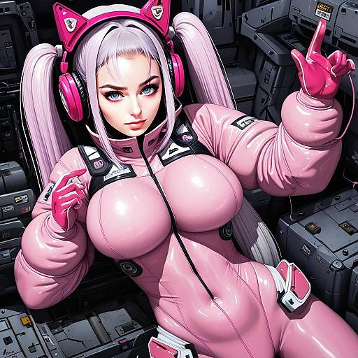 Anime Woman in Pink Futuristic Suit with Cat Ear Headphones in Sci-Fi Cockpit