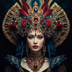 Regal Woman in Gold Headdress with Red Feathers