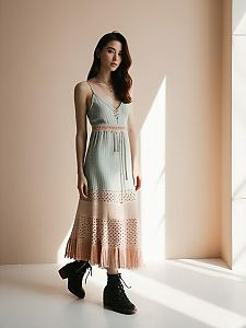 Woman in Contemporary Bohemian Black Crochet Knit Maxi Dress with Scoop Neck