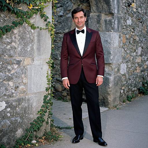 Man in Burgundy Tuxedo Jacket and Black Bow Tie Outdoors