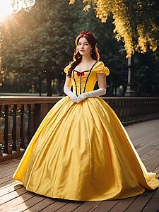Woman in Yellow Ball Gown Belle Dress Full Body Cosplay Photo