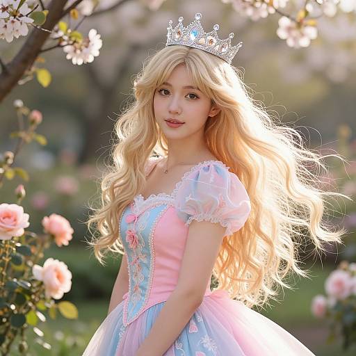 Fairy Tale Princess Woman in Pastel Dress with Silver Crown in Garden
