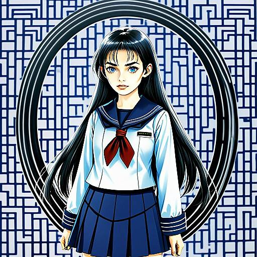 Anime Girl in Japanese School Uniform with Geometric Background