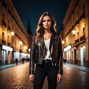 Confident Woman in Black Leather Jacket on Nighttime Urban Street