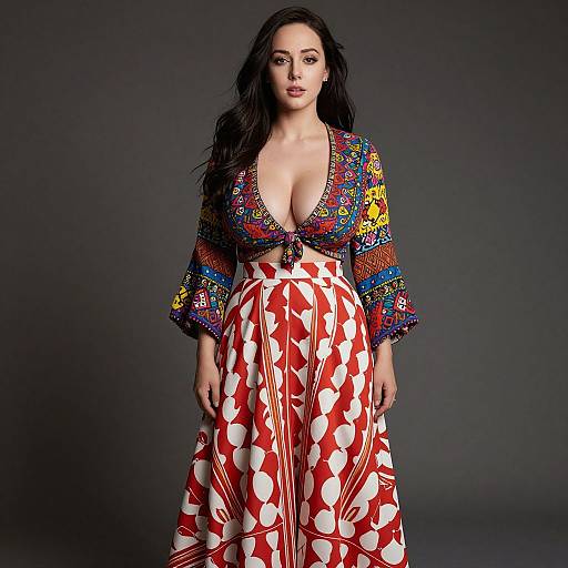 Woman in Vibrant Bohemian Style Crop Top and Red Patterned Wide-Legged Pants