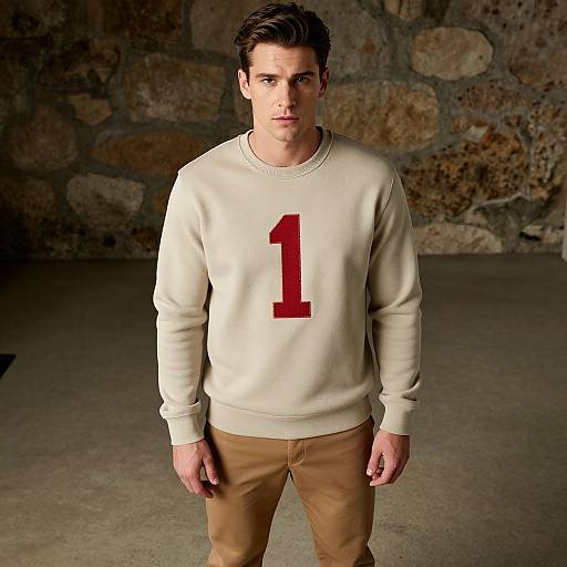 Man Wearing Beige Sweatshirt with Red Number One and Khaki Pants