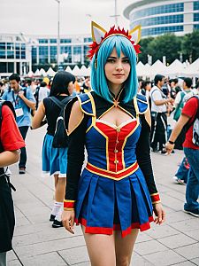 Cosplay Festival Woman in Mia Costume with Blue Wig and Cat Ears