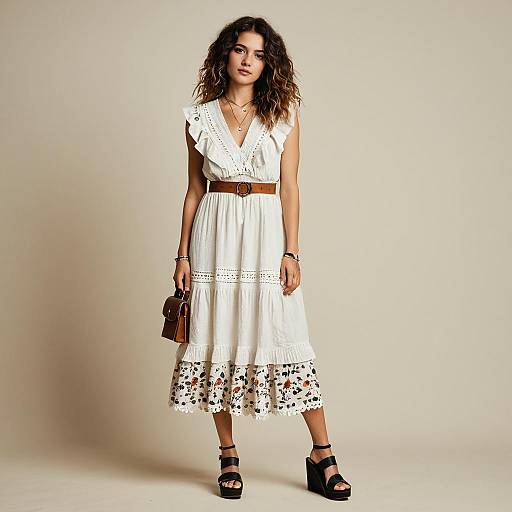 Bohemian White Sleeveless Midi Dress with Lace and Eyelet Details on Woman