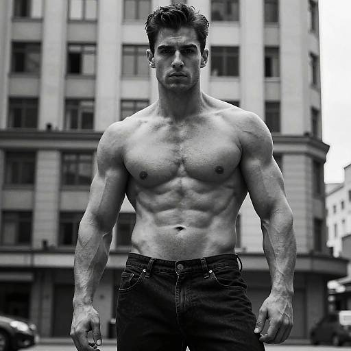 Muscular Shirtless Man Urban Fitness Black and White