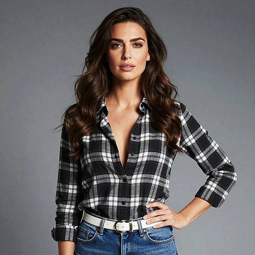 Confident Woman Wearing Black and White Plaid Shirt and Blue Jeans