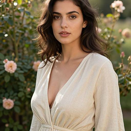 Elegant Woman in Cream Wrap Dress Among Blooming Roses