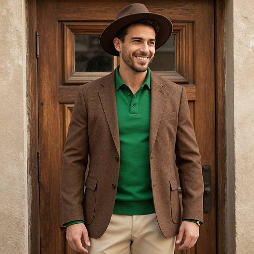 Stylish Man in Brown Blazer and Green Polo Shirt with Fedora Hat