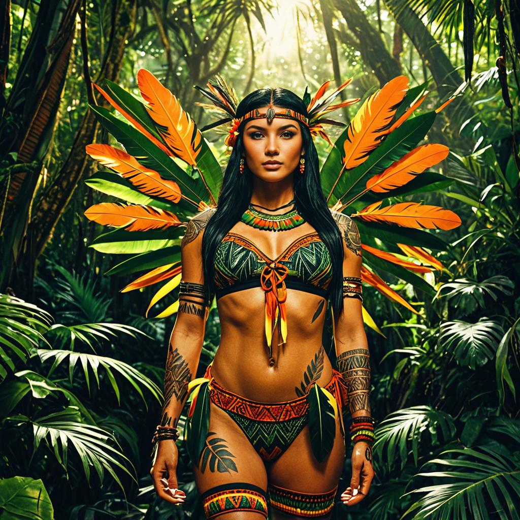 Tribal Woman in Vibrant Feather Costume in Jungle