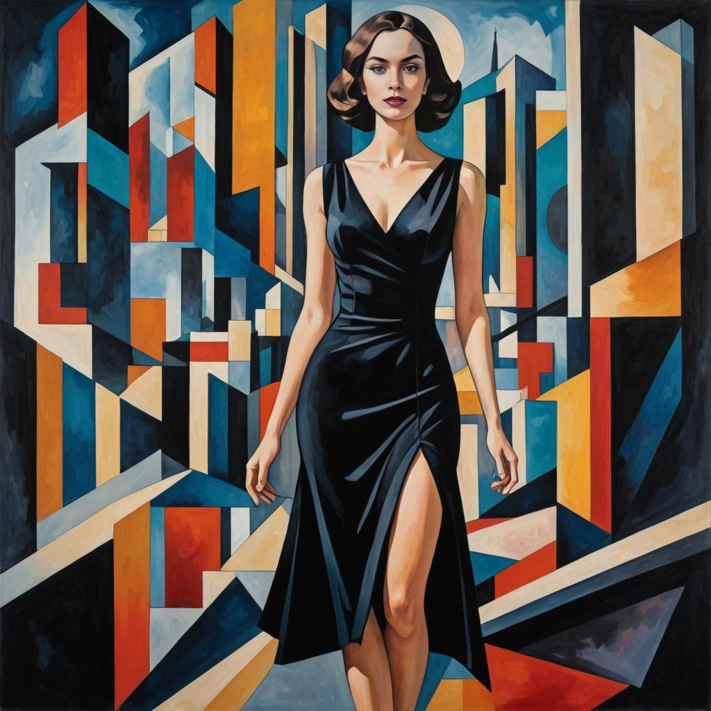 Elegant Woman in Black Velvet Dress Against Geometric Background