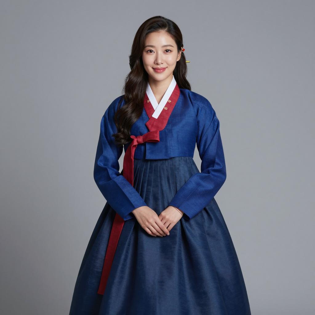 Young Woman in Traditional Korean Hanbok Dress in Blue and Maroon