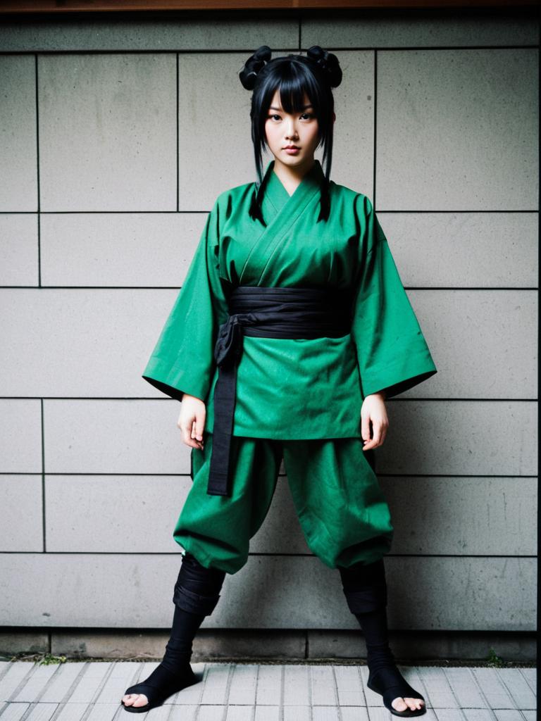 Woman in Traditional Green Ninja Outfit with Black Accents